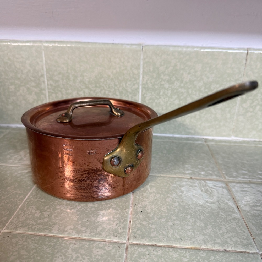Williams Sonoma France Copper Saucepan Lid Tin Lined Brass Handle Made in France